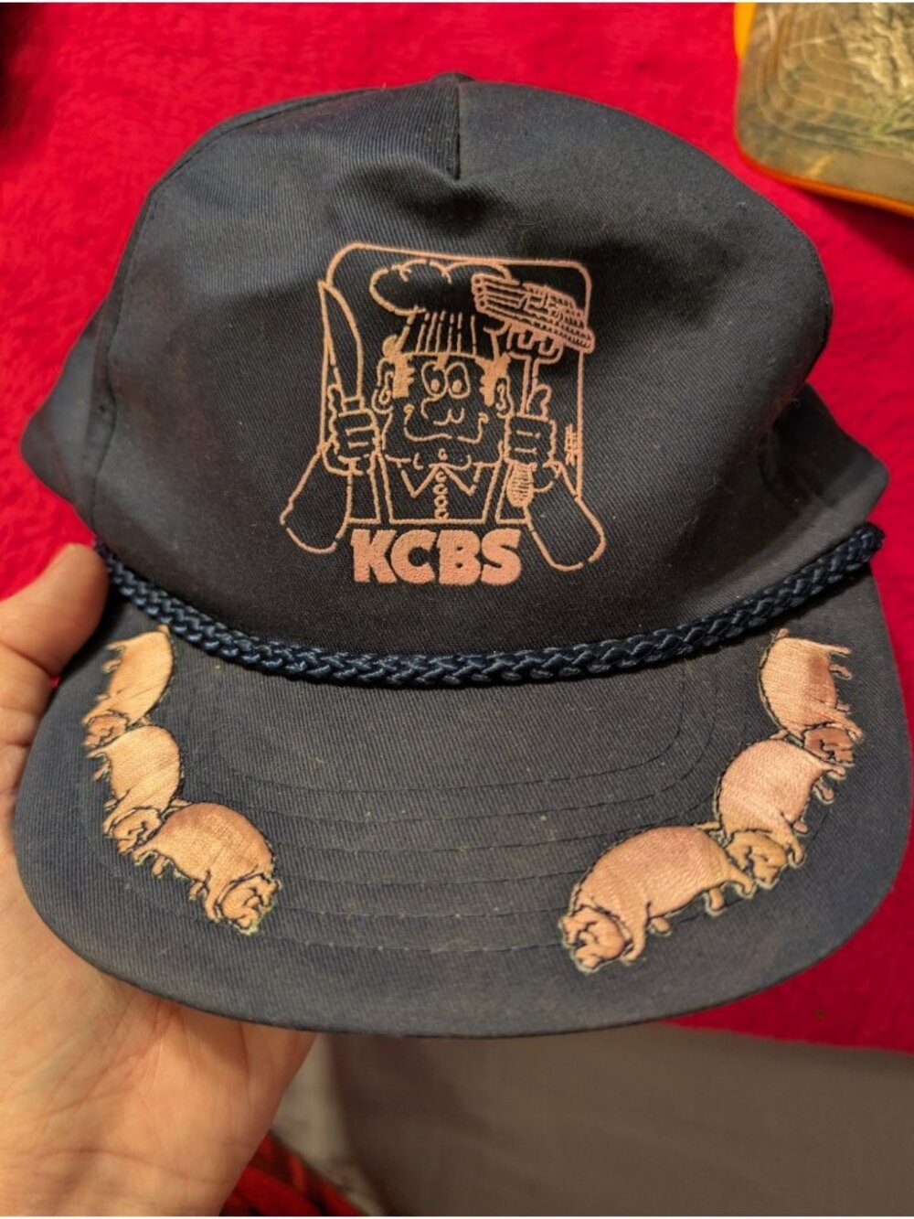 Vtg 80s 90s KCBS Kansas City Barbeque Society Rope Snapback Hat Cap Navy Pig BBQ